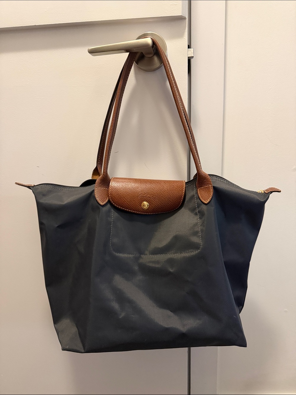 Longchamp Dark Grey Nylon Tote with Brown Leather Trim